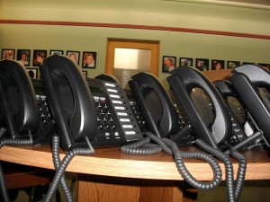 A table with phones on it