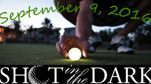 "September 9, 2016 - Shot in the Dark" On a golf course, the sun is going down in the background. A man is squatting down to pick up a glowing golf ball.
