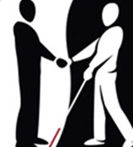 Logo for Beyond Vision of two people shaking hands, one is holding a cane with a red tip.