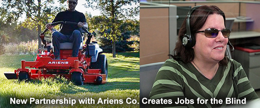 On the left, a man is on a large riding lawnmower cutting a lawn, on the right is a woman wearing dark glasses and a telephone headset siting at a work station.