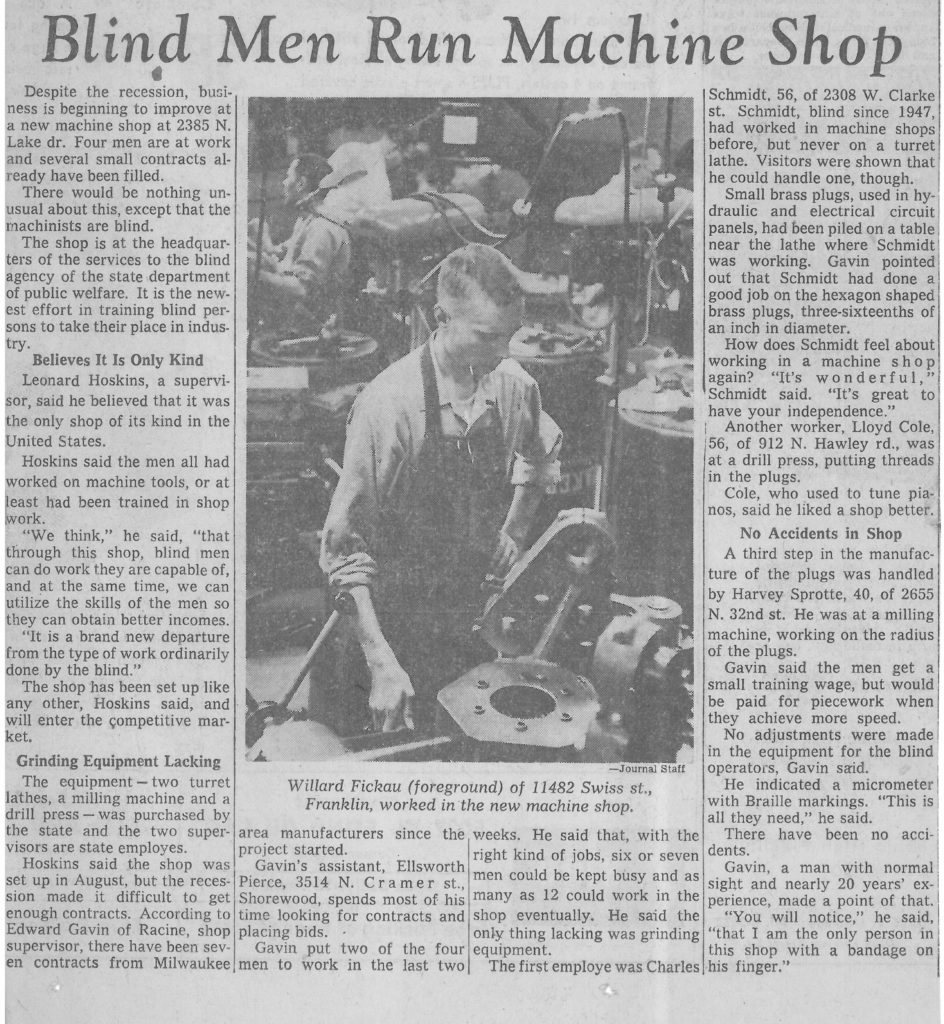 Clipping of an article about the new machine shop from the Milwaukee Sentinel, December 3, 1958