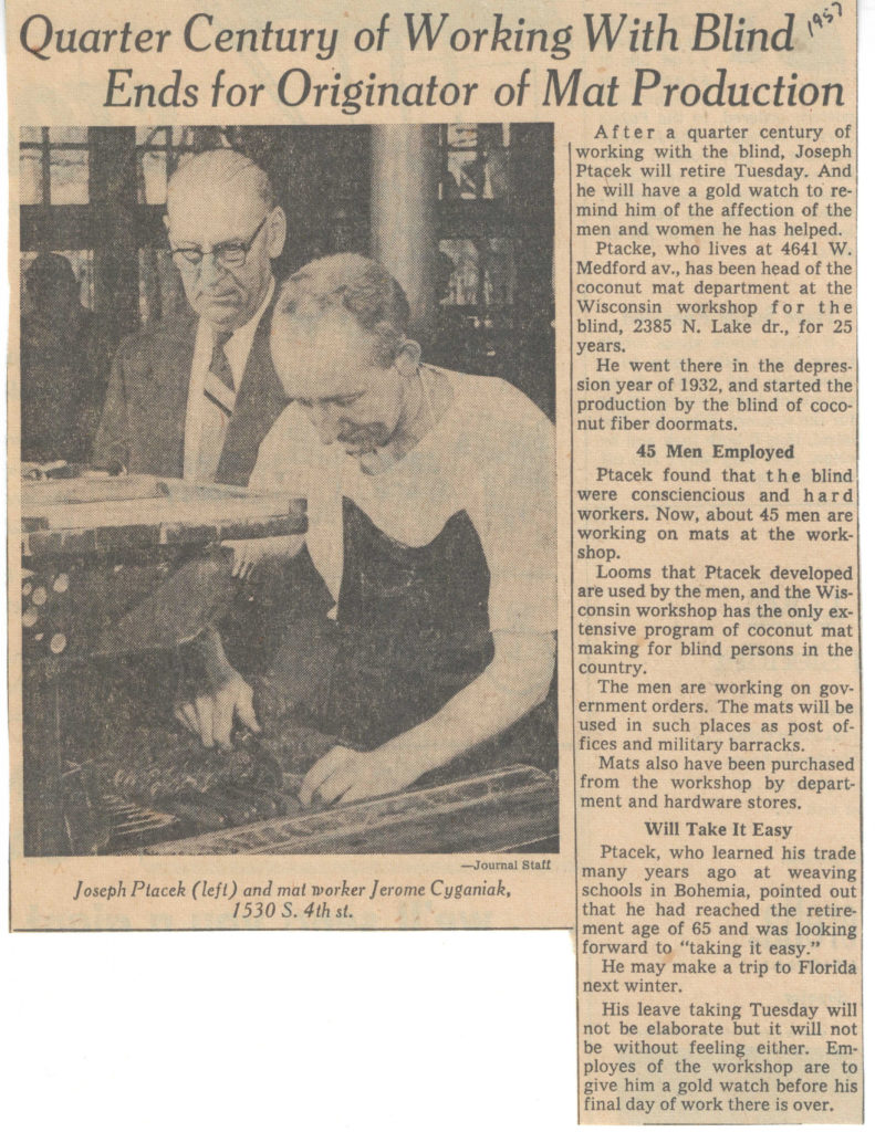Newpaper clipping from 1957 - Full text here: https://www.beyondvision.com/cocoa-mat-history/ptacek-retires-article/