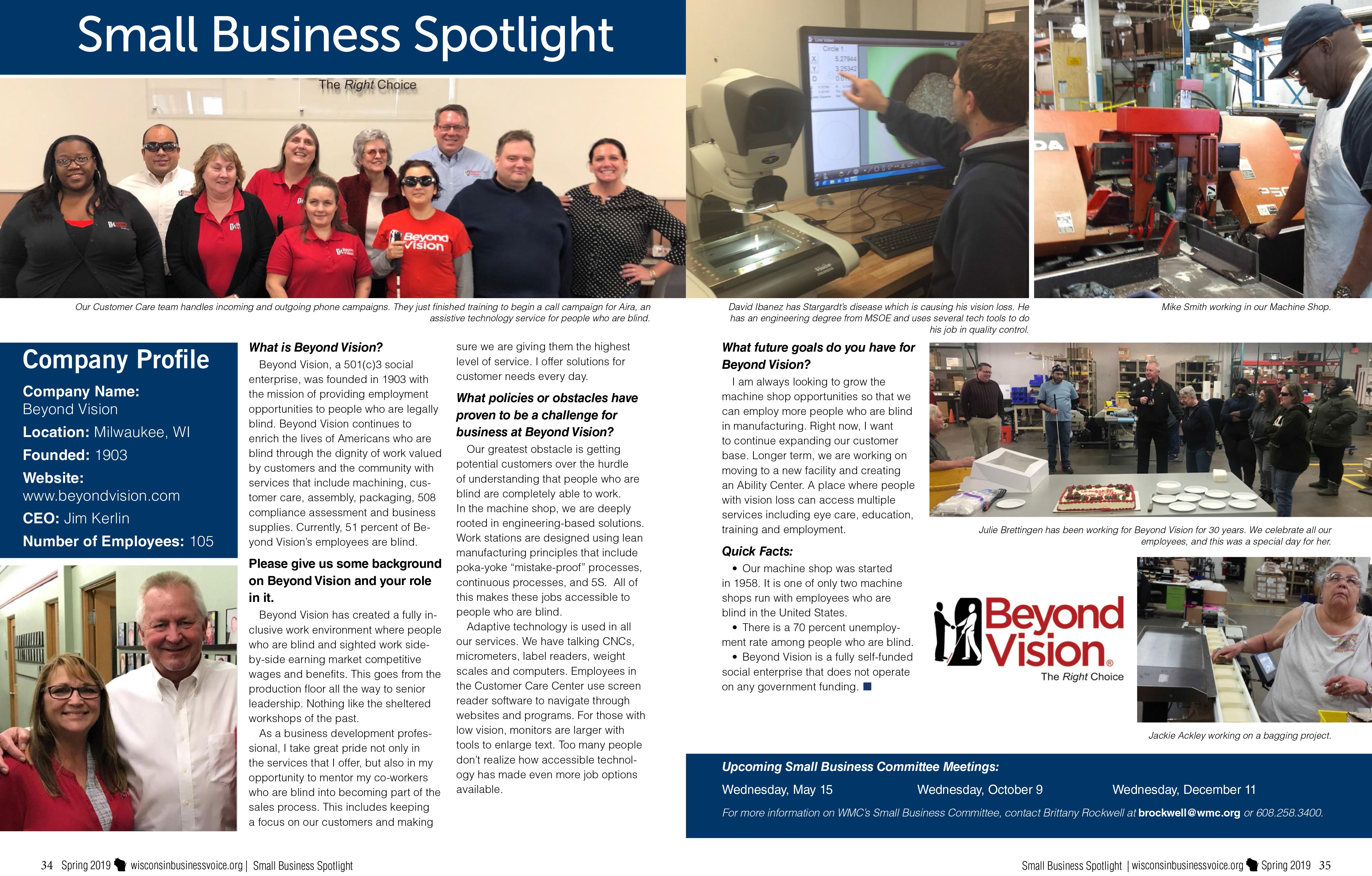 Image of article. Accessible version through link https://www.beyondvision.com/about/news/wisconsin-business-voice-spring-2019/wisconsin-business-voice-spring-2019-accessible-text-version/
