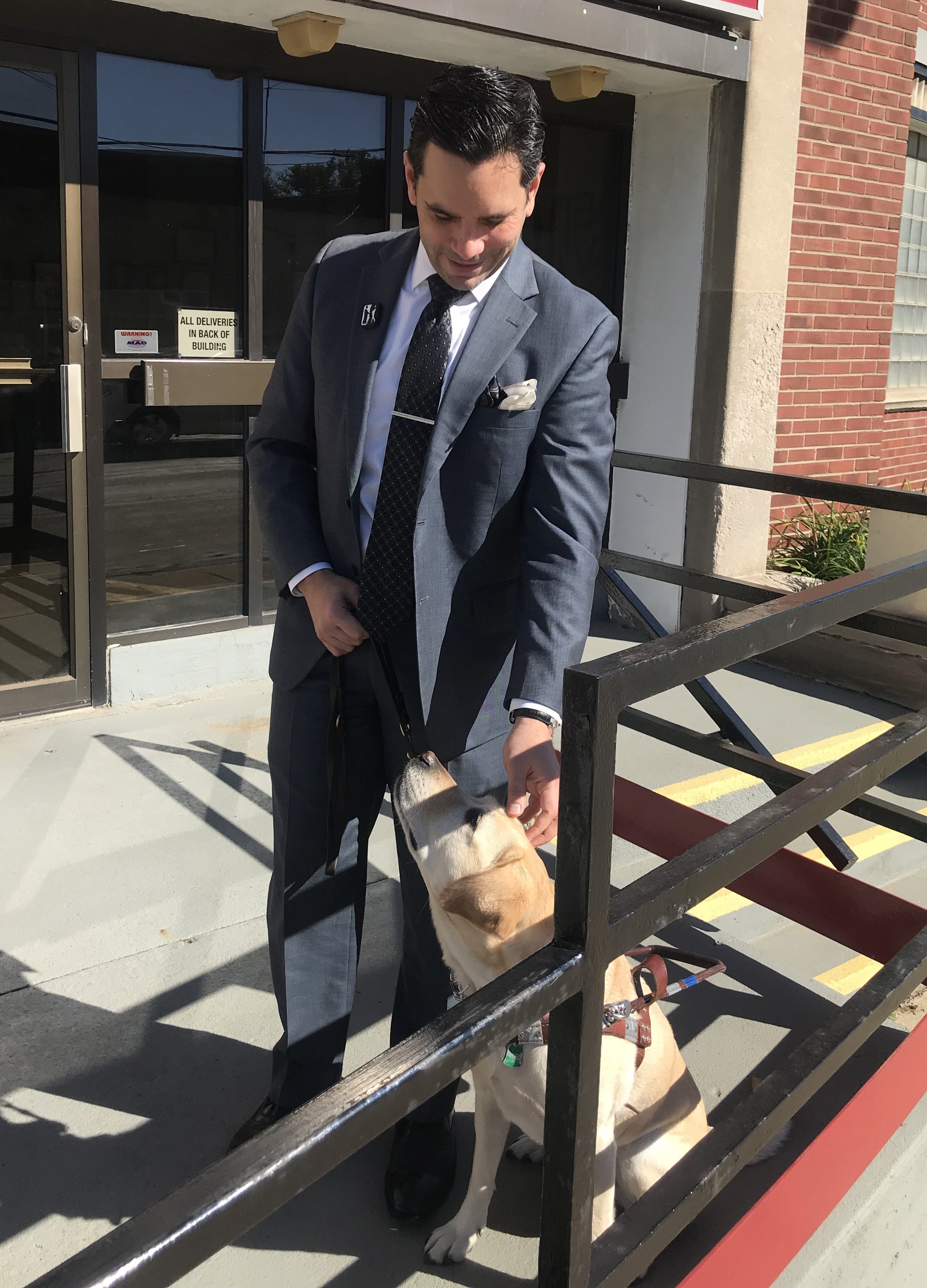 Keely, a yellow lab guide dog looking up at her owner Guillermo.