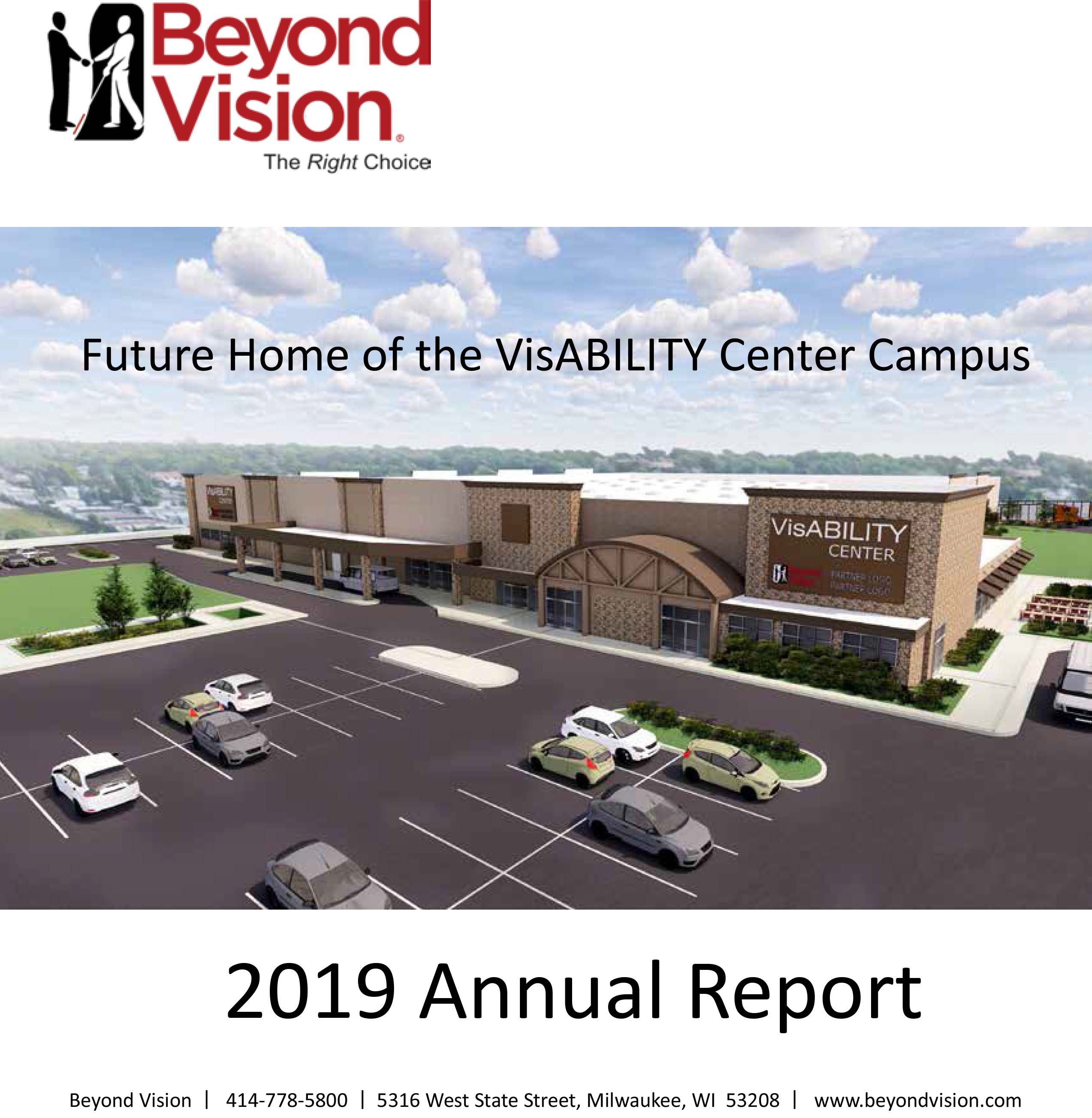 Cover of Beyond Vision 2019 Annual Report. Rendering of a new building with parking lot.
