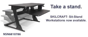 black sit-stand platform elevated. SKILCRAFT Sit-stand workstation now available.