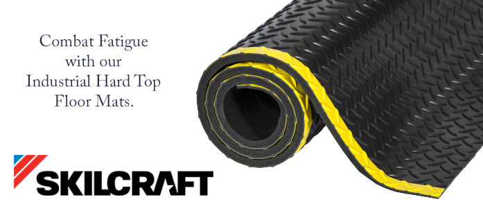 a rolled hard top mat with deck plate pattern in black with yellow edges. Skilcraft logo. Combat Fatigue with our Industrial Hard Top Floor Mats