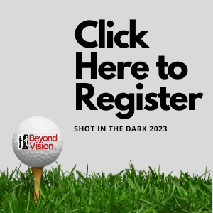 Picture of a golf ball with beyond vision's logo on it sitting on a tee. Text says "click here to register"
