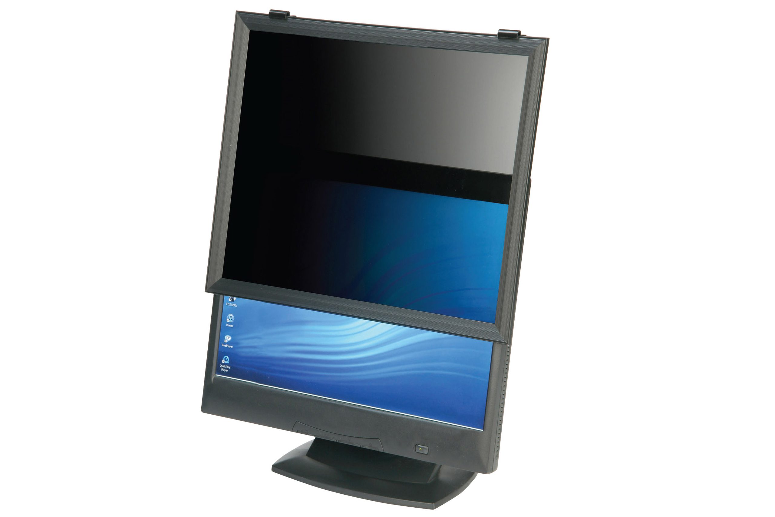 Privacy filter being placed onto a monitor.