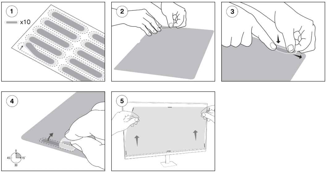 Step-by-step instructions for applying your privacy filter via adhesive strips.