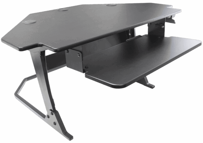 Corner sit stand desk extended vertically.